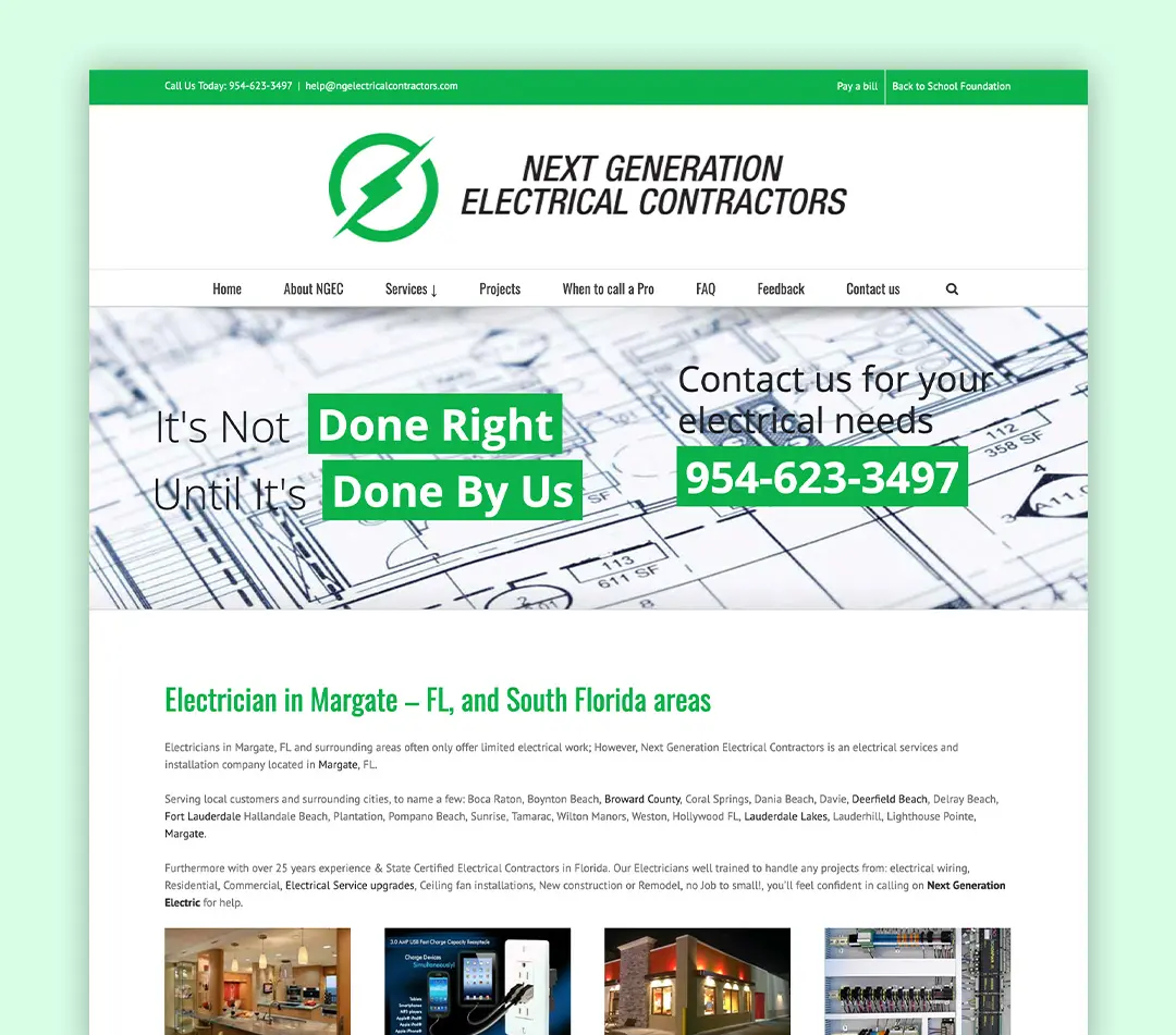 screenshot of website of Next Generation Electrical Contractors