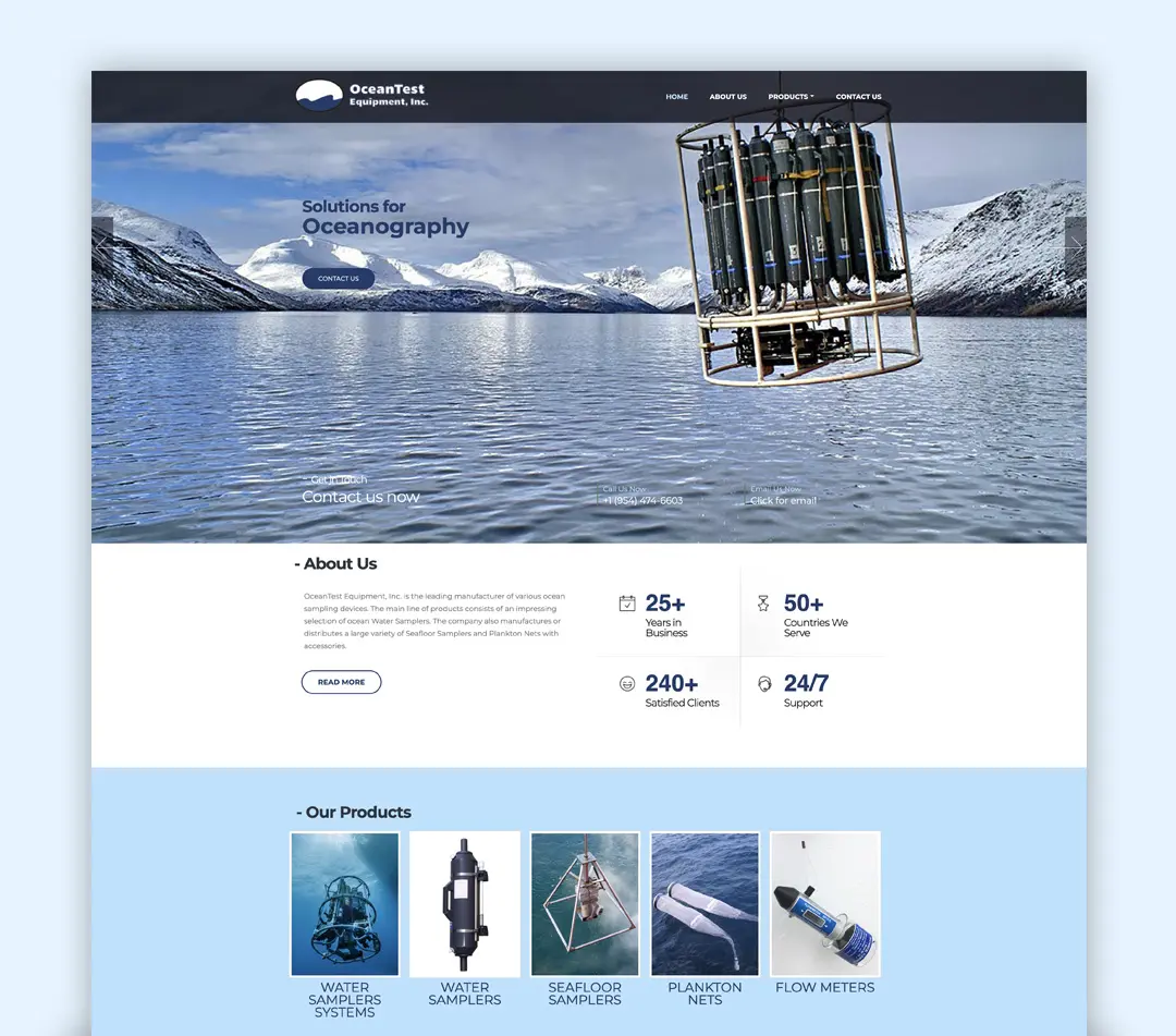 screenshot of website of Ocean Test Equipment