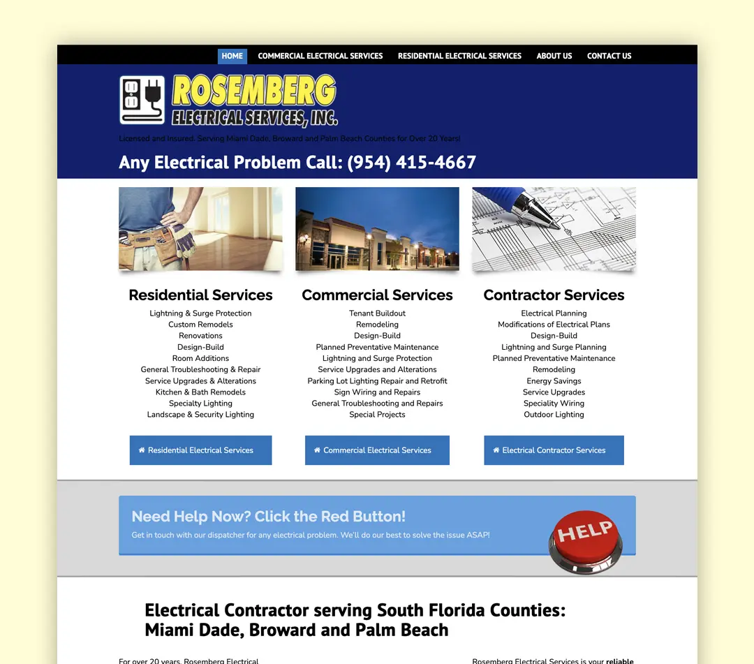 screenshot of website of Rosemberg Electrical Services.com